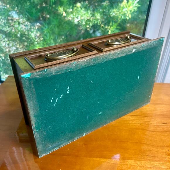 Vintage Wooden Parquet Style Two-Drawer Jewelry Trinket Box with Brass Pulls - Picture 14 of 16